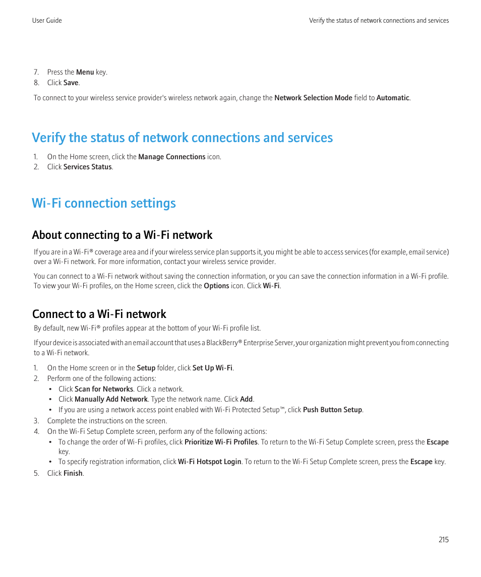 Wi-fi connection settings, About connecting to a wi-fi network, Connect to a wi-fi network | Blackberry Curve 8520 User Manual | Page 217 / 278