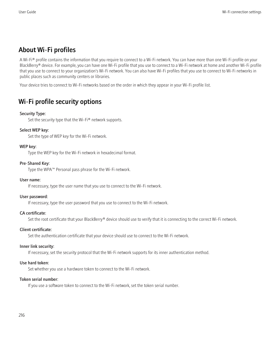 About wi-fi profiles, Wi-fi profile security options | Blackberry Curve 8520 User Manual | Page 218 / 278