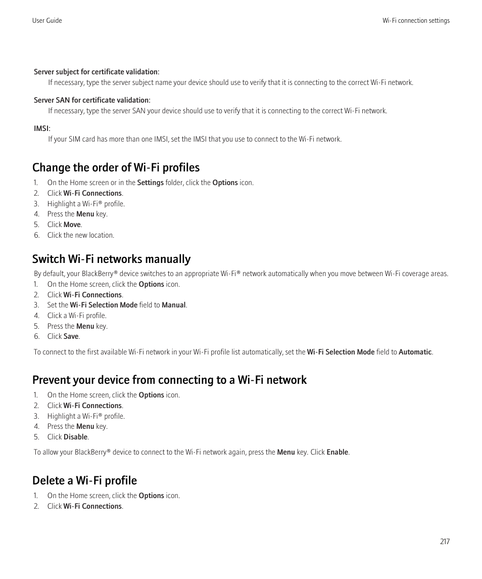 Change the order of wi-fi profiles, Switch wi-fi networks manually, Delete a wi-fi profile | Blackberry Curve 8520 User Manual | Page 219 / 278