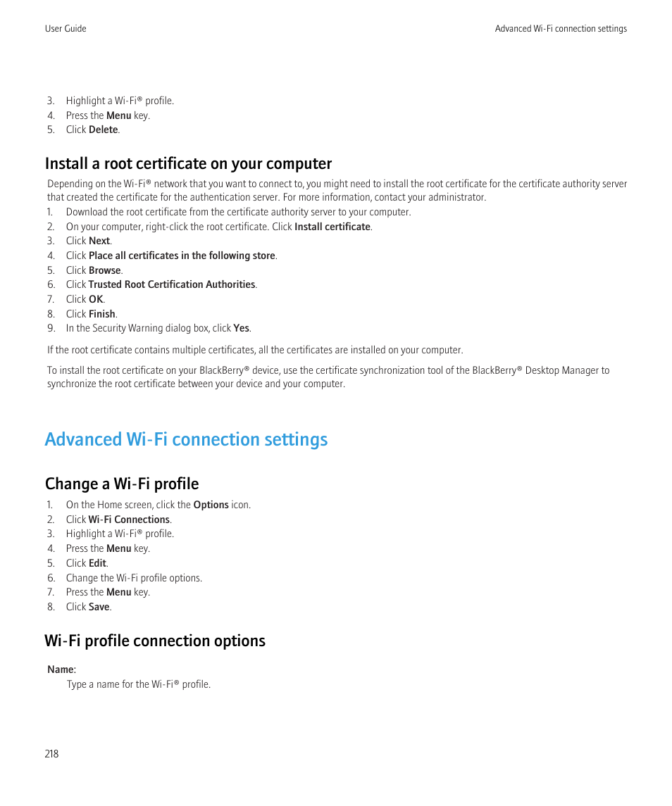 Advanced wi-fi connection settings, Install a root certificate on your computer, Change a wi-fi profile | Wi-fi profile connection options | Blackberry Curve 8520 User Manual | Page 220 / 278