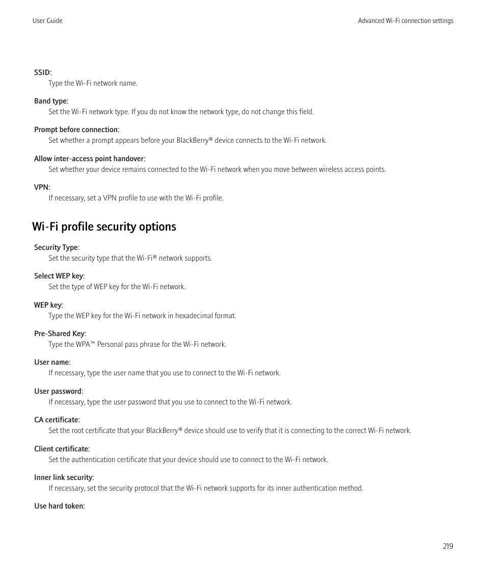 Wi-fi profile security options | Blackberry Curve 8520 User Manual | Page 221 / 278