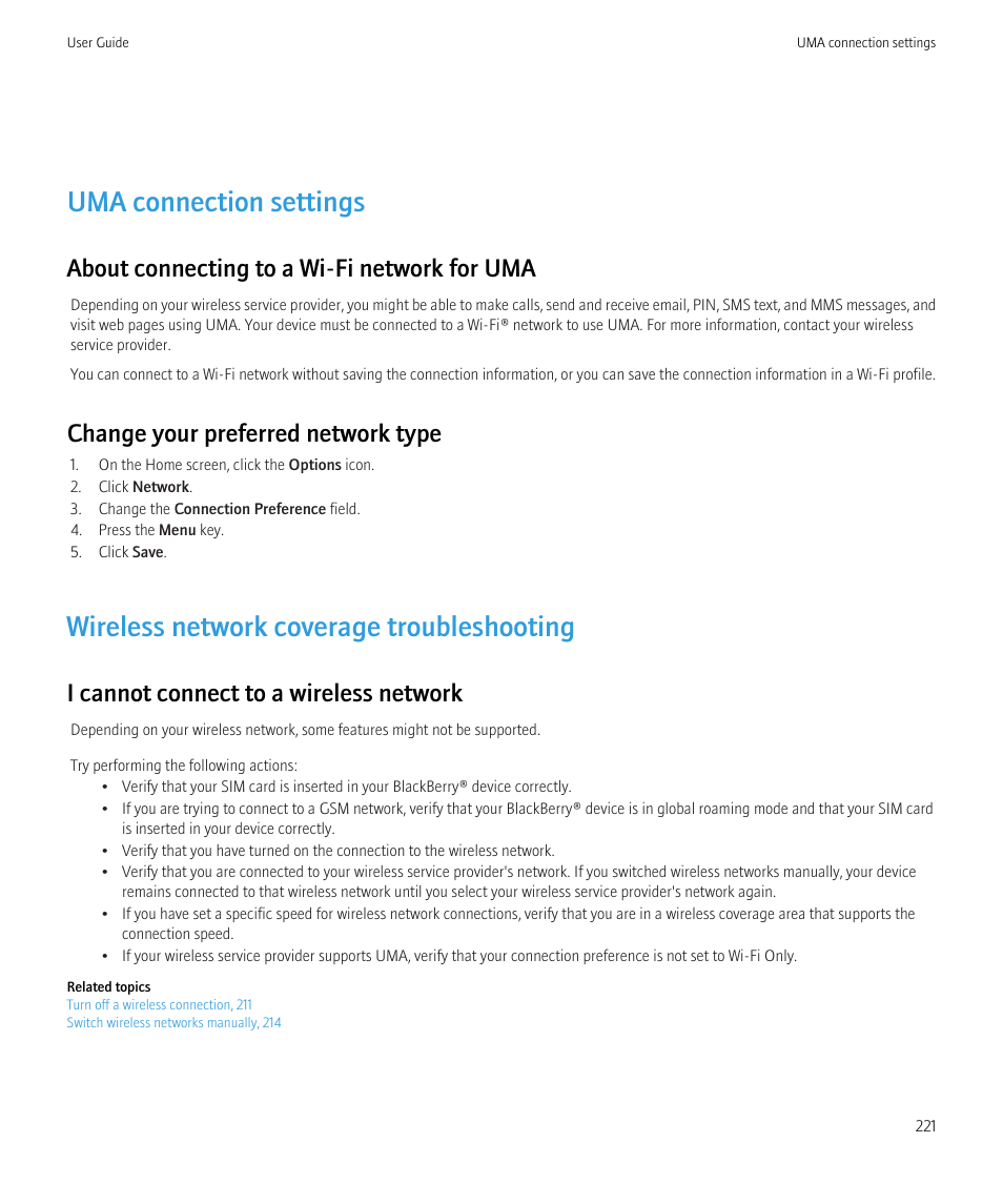 Uma connection settings, Wireless network coverage troubleshooting, About connecting to a wi-fi network for uma | Change your preferred network type, I cannot connect to a wireless network | Blackberry Curve 8520 User Manual | Page 223 / 278