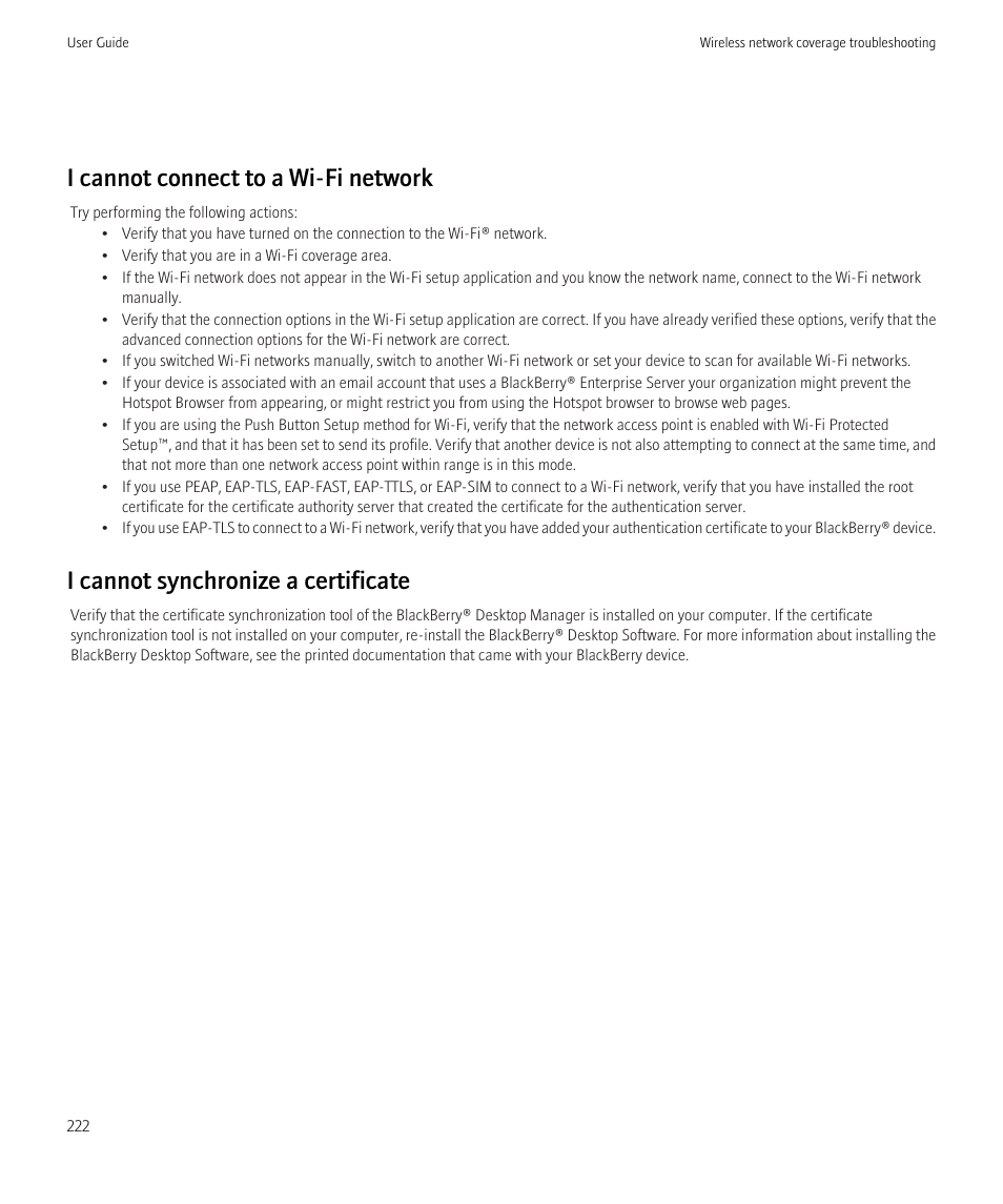 I cannot connect to a wi-fi network, I cannot synchronize a certificate | Blackberry Curve 8520 User Manual | Page 224 / 278