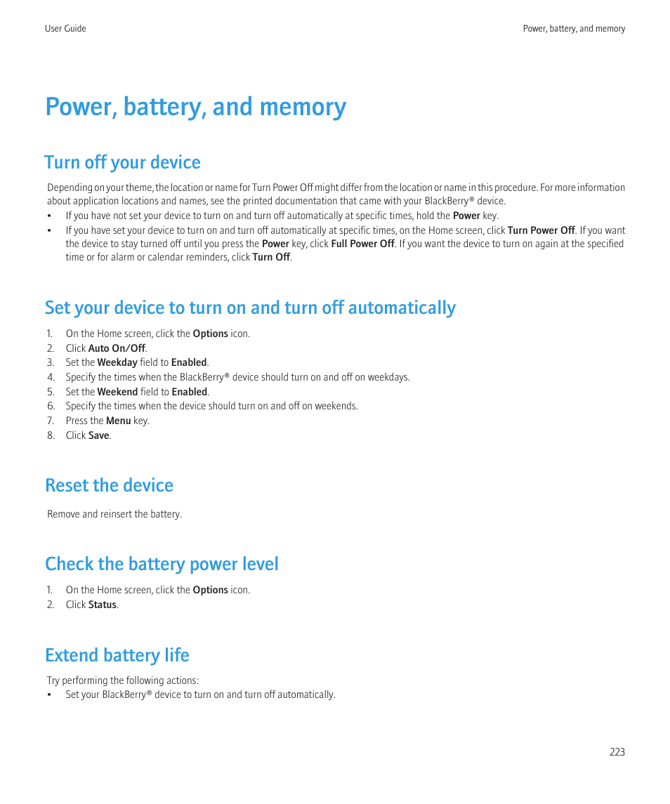 Power, battery, and memory, Turn off your device, Reset the device | Check the battery power level, Extend battery life | Blackberry Curve 8520 User Manual | Page 225 / 278