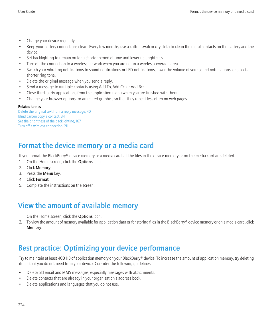 Format the device memory or a media card, View the amount of available memory, Best practice: optimizing your device performance | Blackberry Curve 8520 User Manual | Page 226 / 278