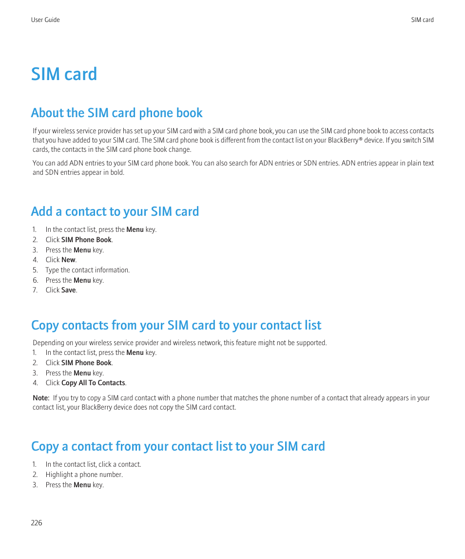 Sim card, About the sim card phone book, Add a contact to your sim card | Blackberry Curve 8520 User Manual | Page 228 / 278