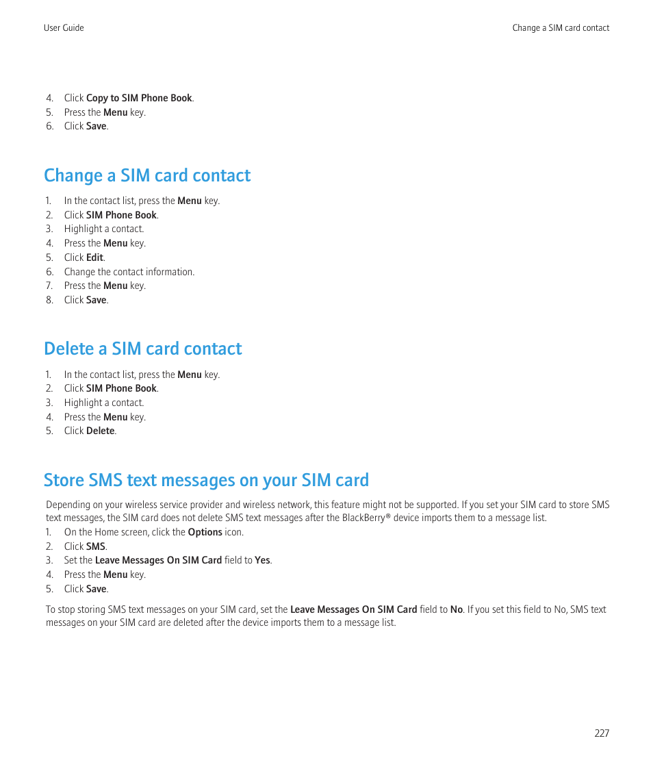 Change a sim card contact, Delete a sim card contact, Store sms text messages on your sim card | Blackberry Curve 8520 User Manual | Page 229 / 278