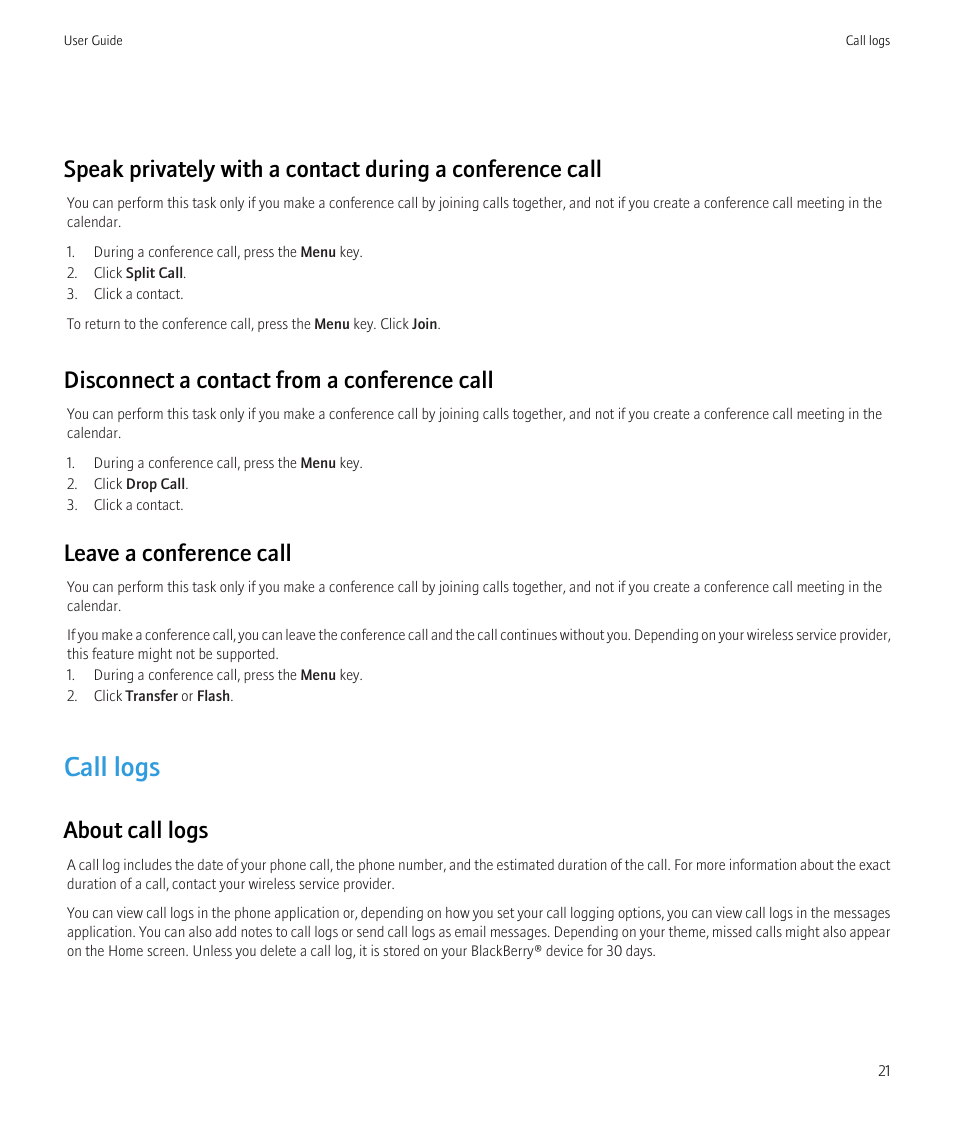 Call logs, Disconnect a contact from a conference call, Leave a conference call | About call logs | Blackberry Curve 8520 User Manual | Page 23 / 278