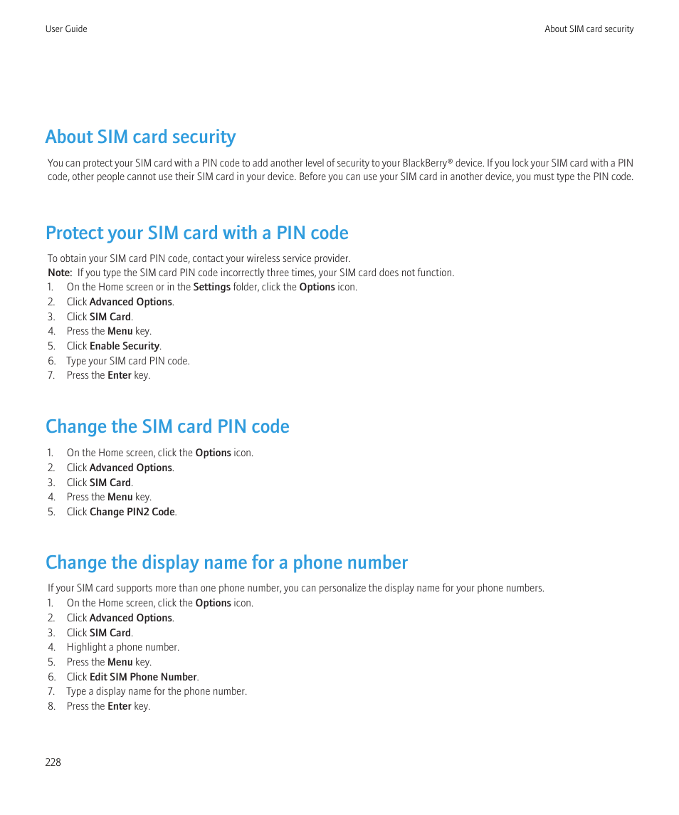 About sim card security, Protect your sim card with a pin code, Change the sim card pin code | Change the display name for a phone number | Blackberry Curve 8520 User Manual | Page 230 / 278