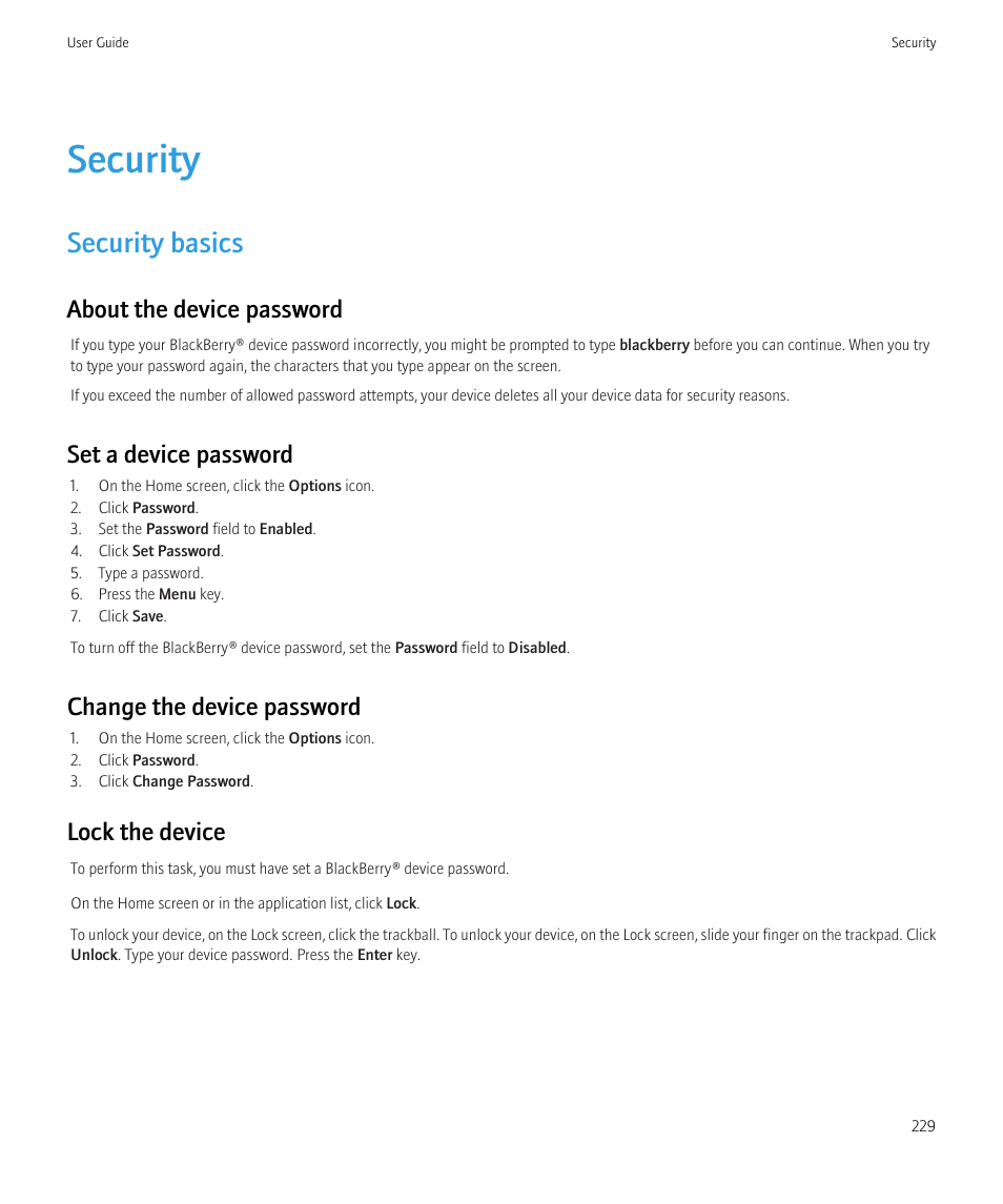 Security, Security basics, Lock the device, 229 | About the device password, Set a device password, Change the device password, Lock the device | Blackberry Curve 8520 User Manual | Page 231 / 278
