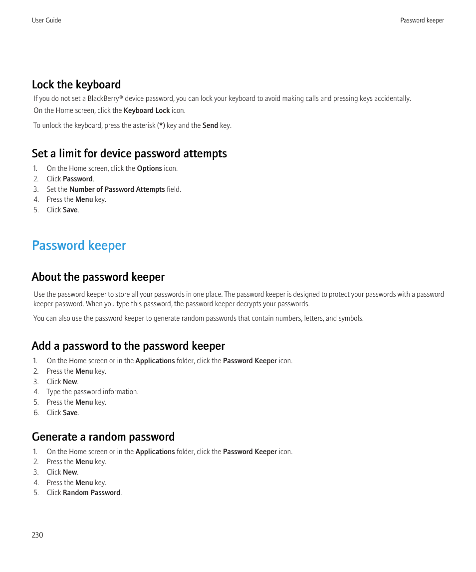 Password keeper, Lock the keyboard, 230, Lock the keyboard | Set a limit for device password attempts, About the password keeper, Add a password to the password keeper, Generate a random password | Blackberry Curve 8520 User Manual | Page 232 / 278