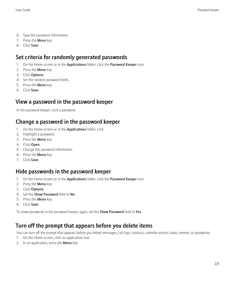 Set criteria for randomly generated passwords, View a password in the password keeper, Change a password in the password keeper | Hide passwords in the password keeper | Blackberry Curve 8520 User Manual | Page 233 / 278