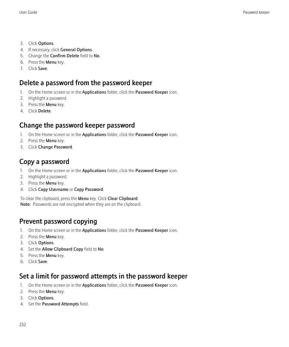 Delete a password from the password keeper, Change the password keeper password, Copy a password | Prevent password copying | Blackberry Curve 8520 User Manual | Page 234 / 278