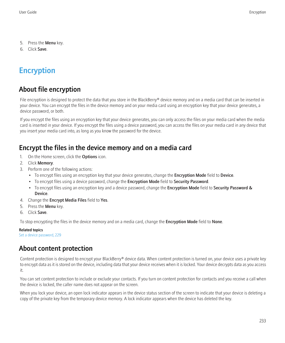 Encryption, About file encryption, About content protection | Blackberry Curve 8520 User Manual | Page 235 / 278
