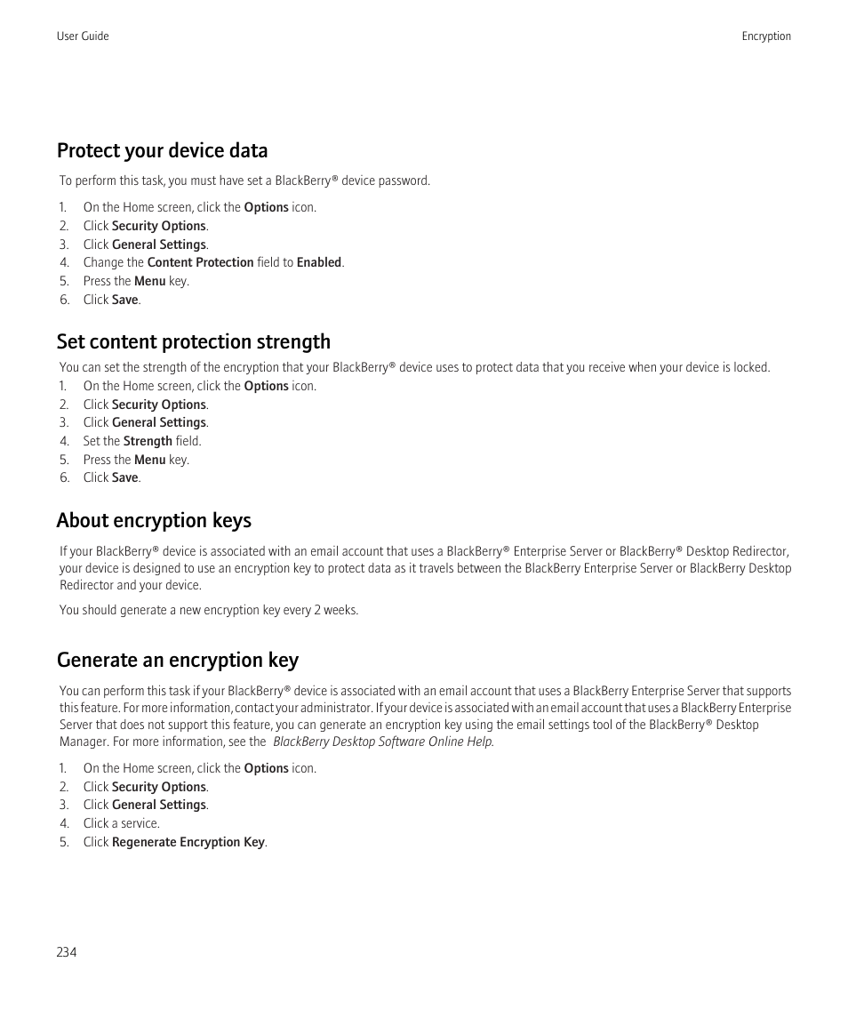 Generate an encryption key, 234, Protect your device data, Set content protection strength | About encryption keys, Generate an encryption key | Blackberry Curve 8520 User Manual | Page 236 / 278