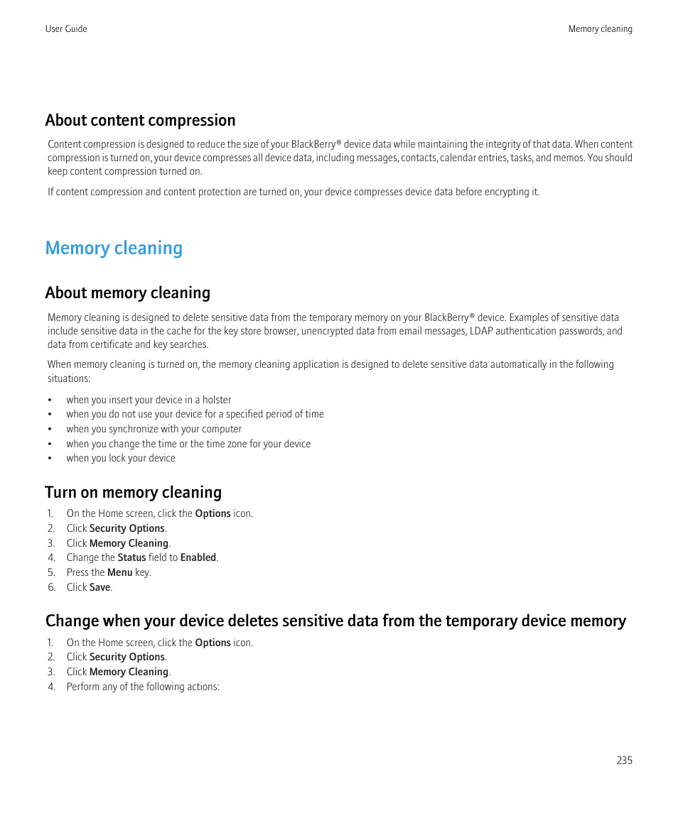 Memory cleaning, About content compression | Blackberry Curve 8520 User Manual | Page 237 / 278