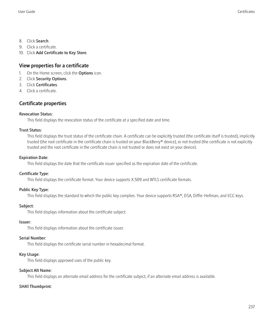 View properties for a certificate, Certificate properties | Blackberry Curve 8520 User Manual | Page 239 / 278