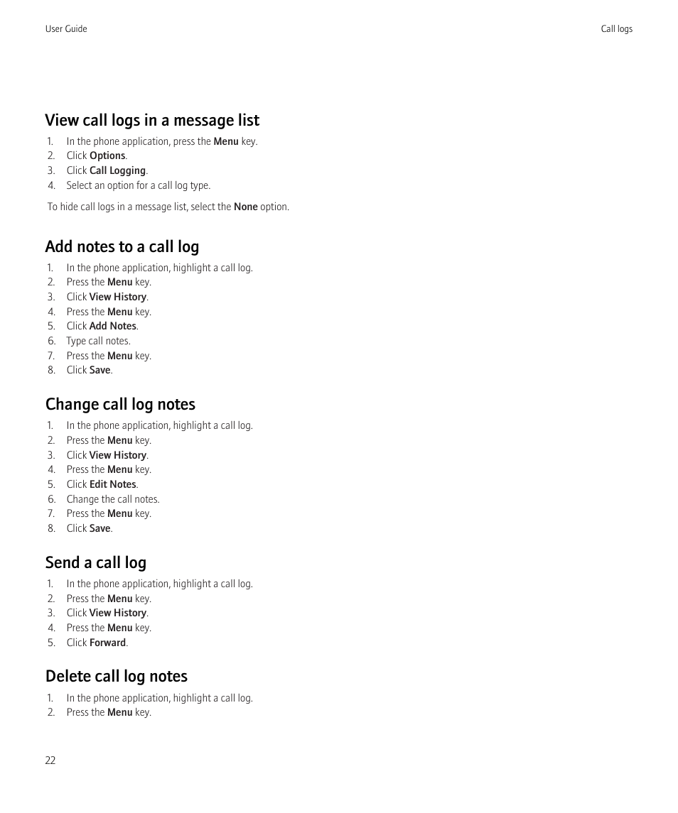 View call logs in a message list, Send a call log | Blackberry Curve 8520 User Manual | Page 24 / 278