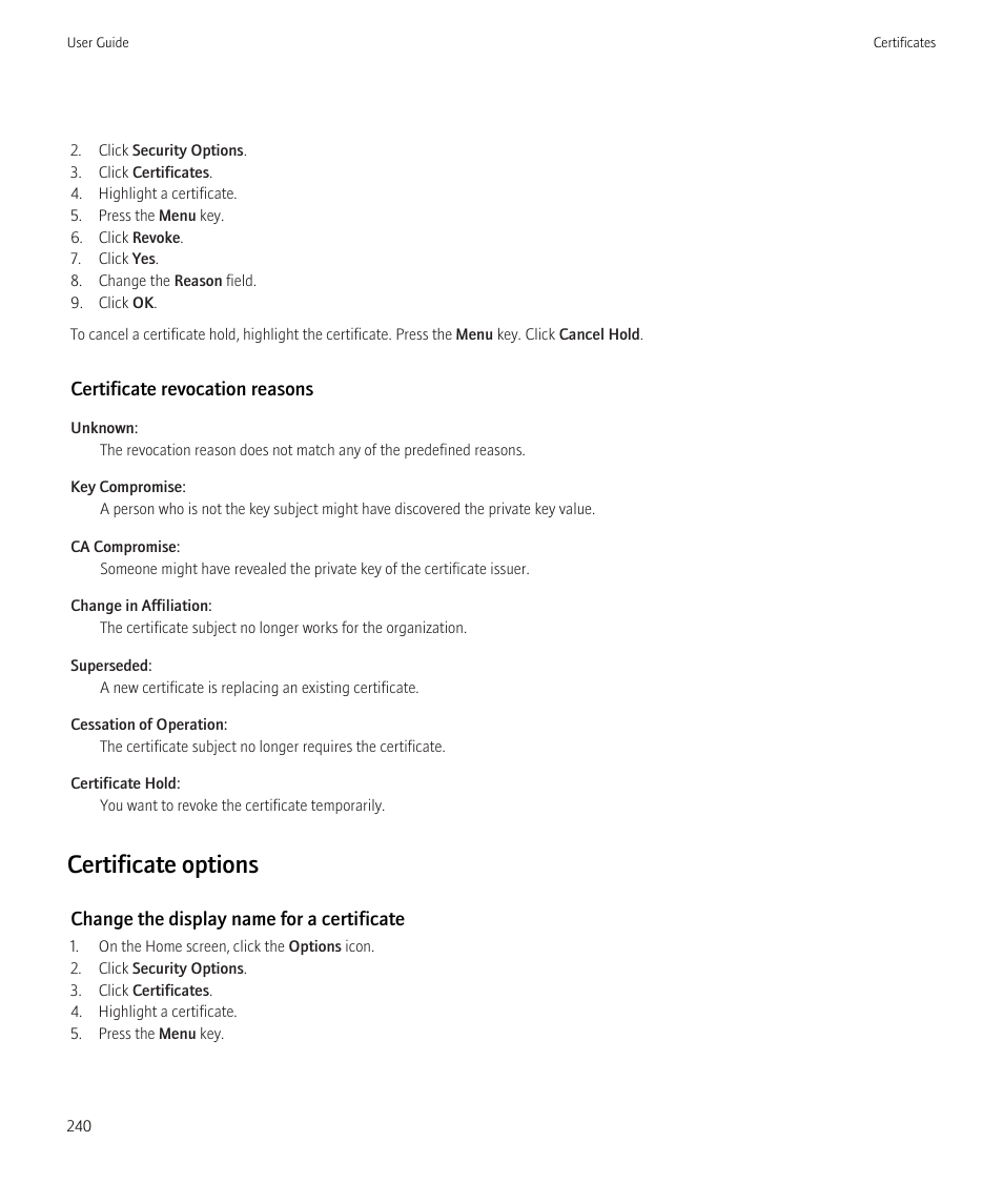 Certificate options | Blackberry Curve 8520 User Manual | Page 242 / 278