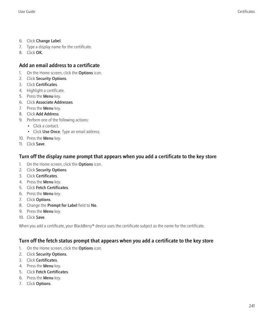 Add an email address to a certificate | Blackberry Curve 8520 User Manual | Page 243 / 278