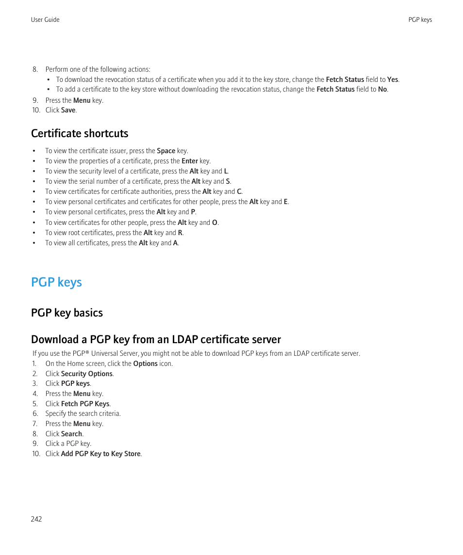 Pgp keys, Certificate shortcuts | Blackberry Curve 8520 User Manual | Page 244 / 278