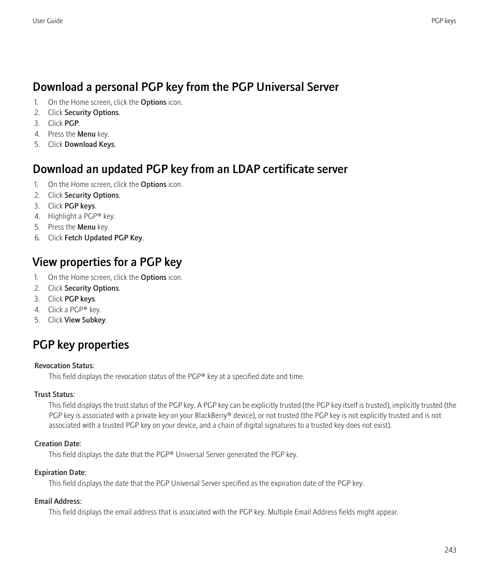 View properties for a pgp key, Pgp key properties | Blackberry Curve 8520 User Manual | Page 245 / 278