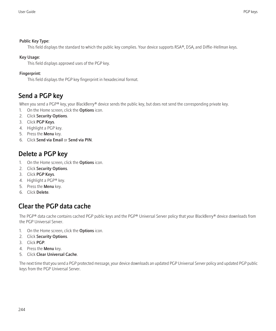 Send a pgp key, Delete a pgp key, Clear the pgp data cache | Blackberry Curve 8520 User Manual | Page 246 / 278