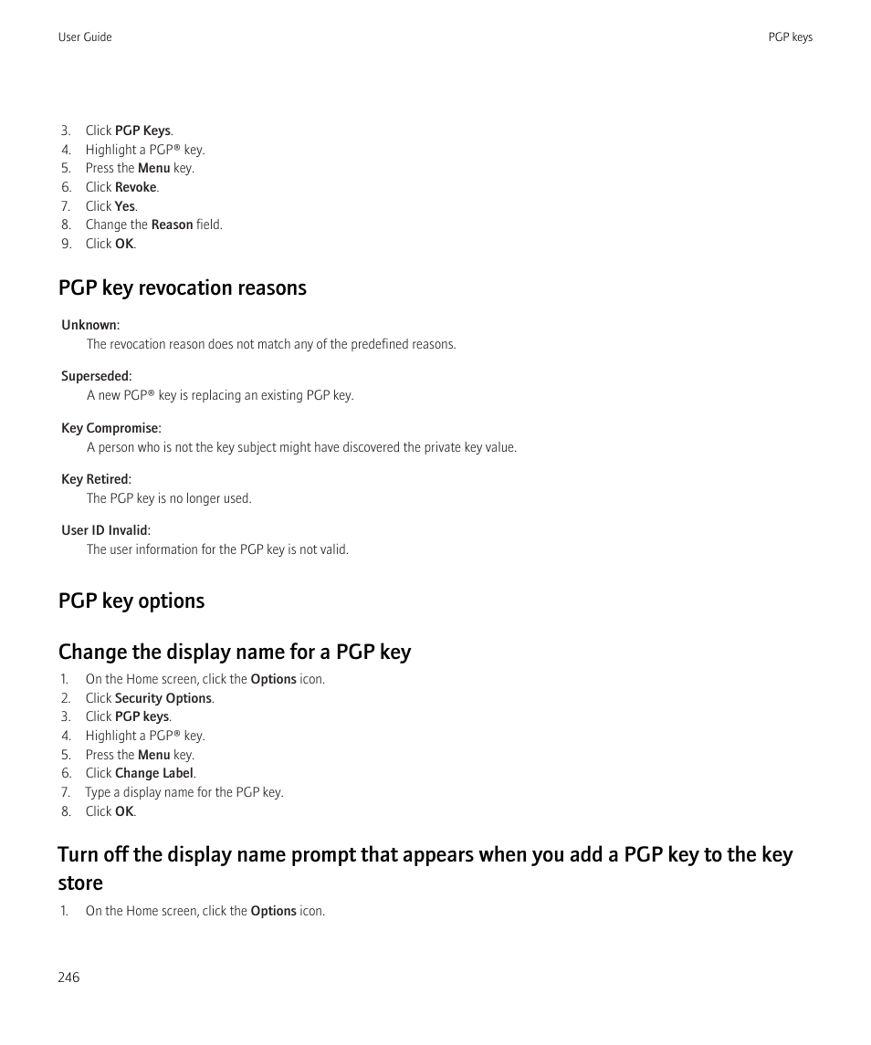 Pgp key revocation reasons | Blackberry Curve 8520 User Manual | Page 248 / 278