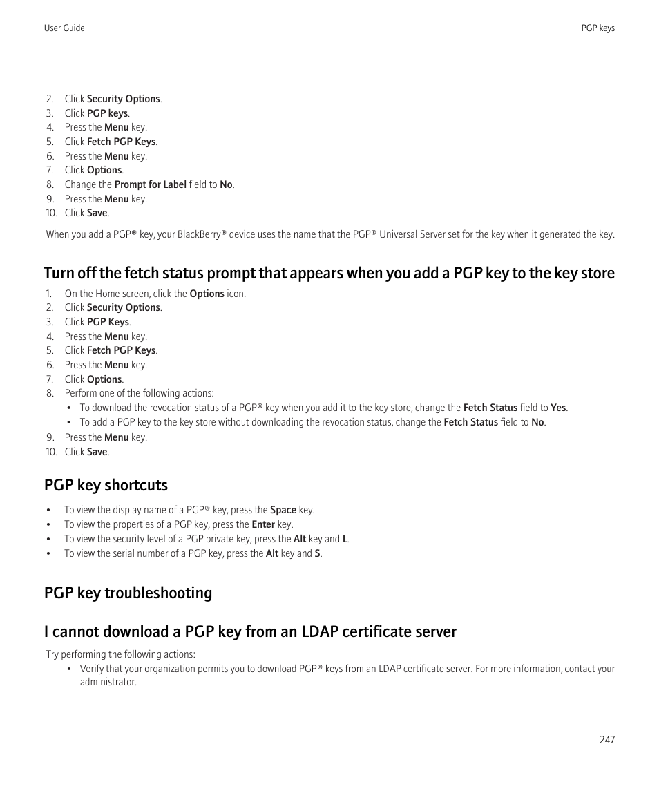 Pgp key shortcuts | Blackberry Curve 8520 User Manual | Page 249 / 278