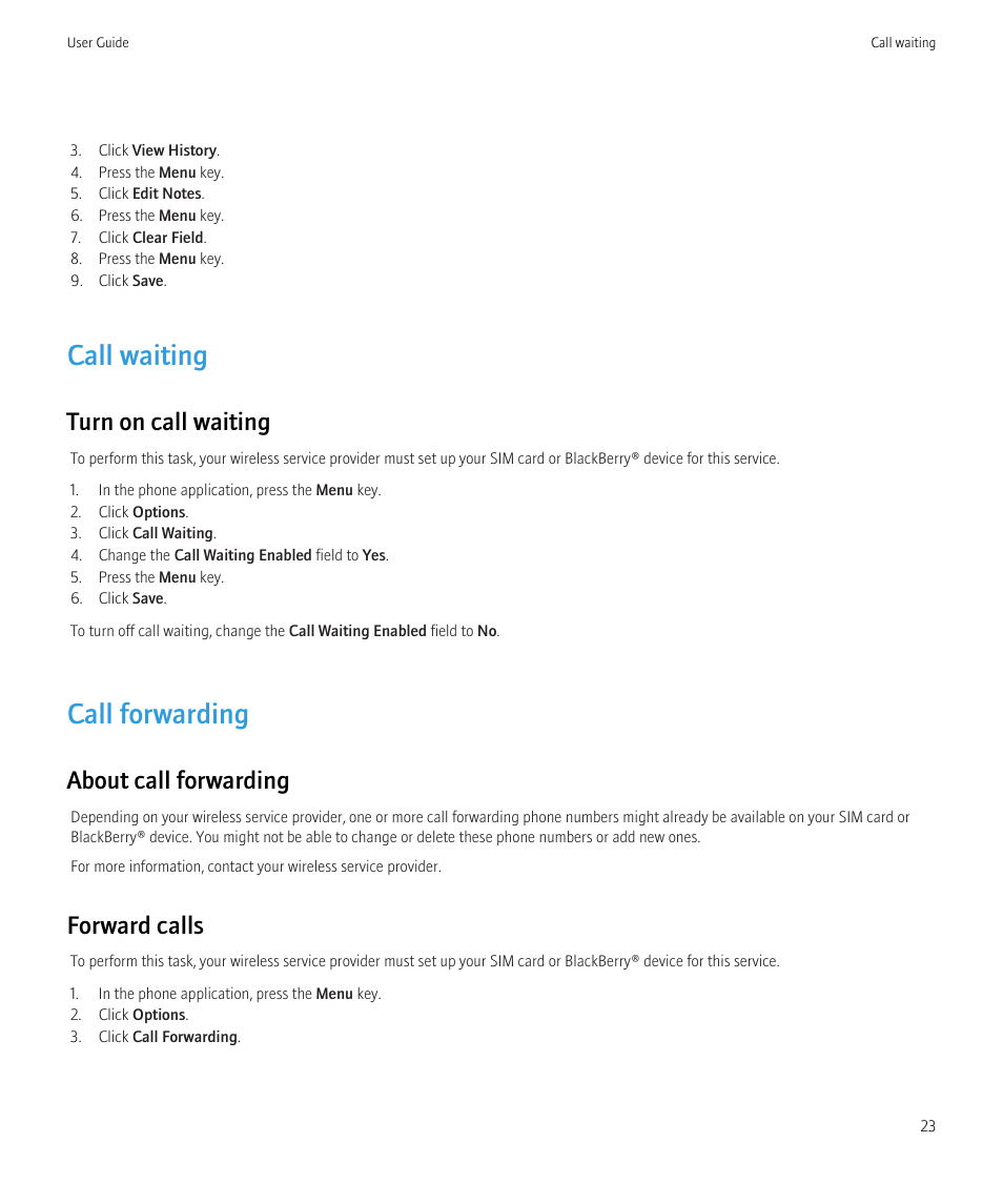 Call waiting, Call forwarding, Turn on call waiting | About call forwarding, Forward calls | Blackberry Curve 8520 User Manual | Page 25 / 278