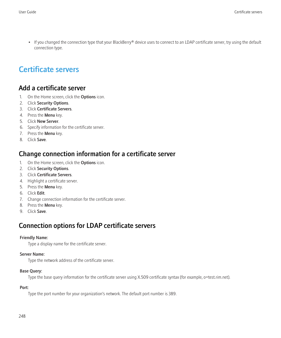 Certificate servers, Add a certificate server, Connection options for ldap certificate servers | Blackberry Curve 8520 User Manual | Page 250 / 278