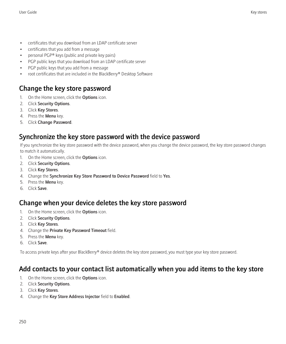 Change the key store password | Blackberry Curve 8520 User Manual | Page 252 / 278