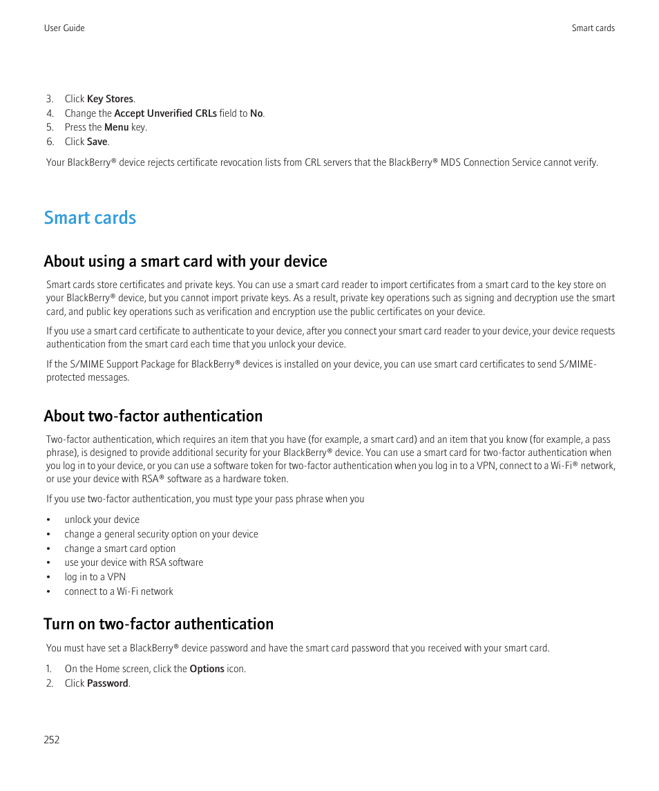 Smart cards, About using a smart card with your device, About two-factor authentication | Turn on two-factor authentication | Blackberry Curve 8520 User Manual | Page 254 / 278