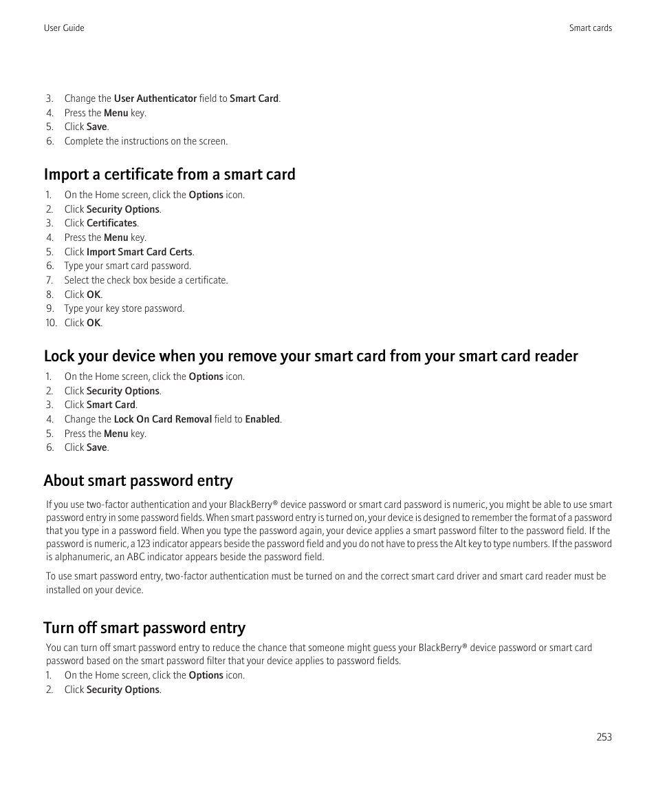 Import a certificate from a smart card, About smart password entry, Turn off smart password entry | Blackberry Curve 8520 User Manual | Page 255 / 278