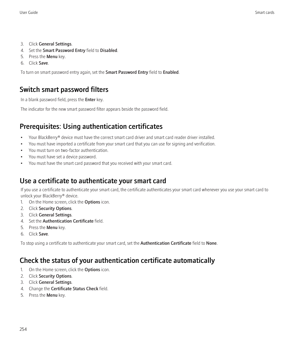 Switch smart password filters, Prerequisites: using authentication certificates, Use a certificate to authenticate your smart card | Blackberry Curve 8520 User Manual | Page 256 / 278