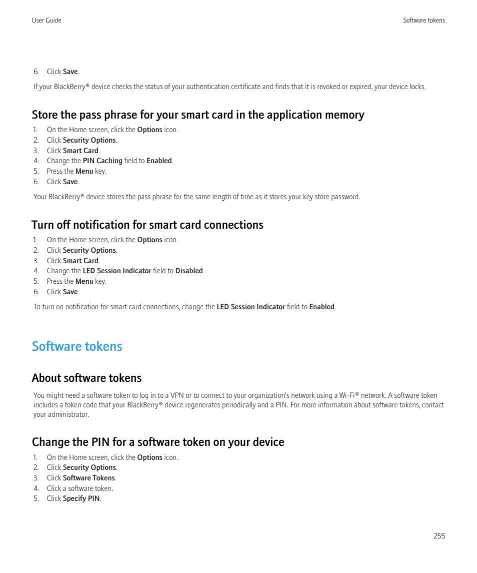 Software tokens, Turn off notification for smart card connections, About software tokens | Change the pin for a software token on your device | Blackberry Curve 8520 User Manual | Page 257 / 278