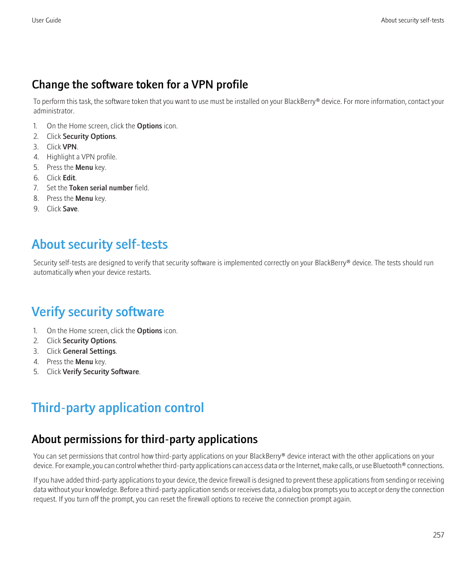 About security self-tests, Verify security software, Third-party application control | Change the software token for a vpn profile, About permissions for third-party applications | Blackberry Curve 8520 User Manual | Page 259 / 278