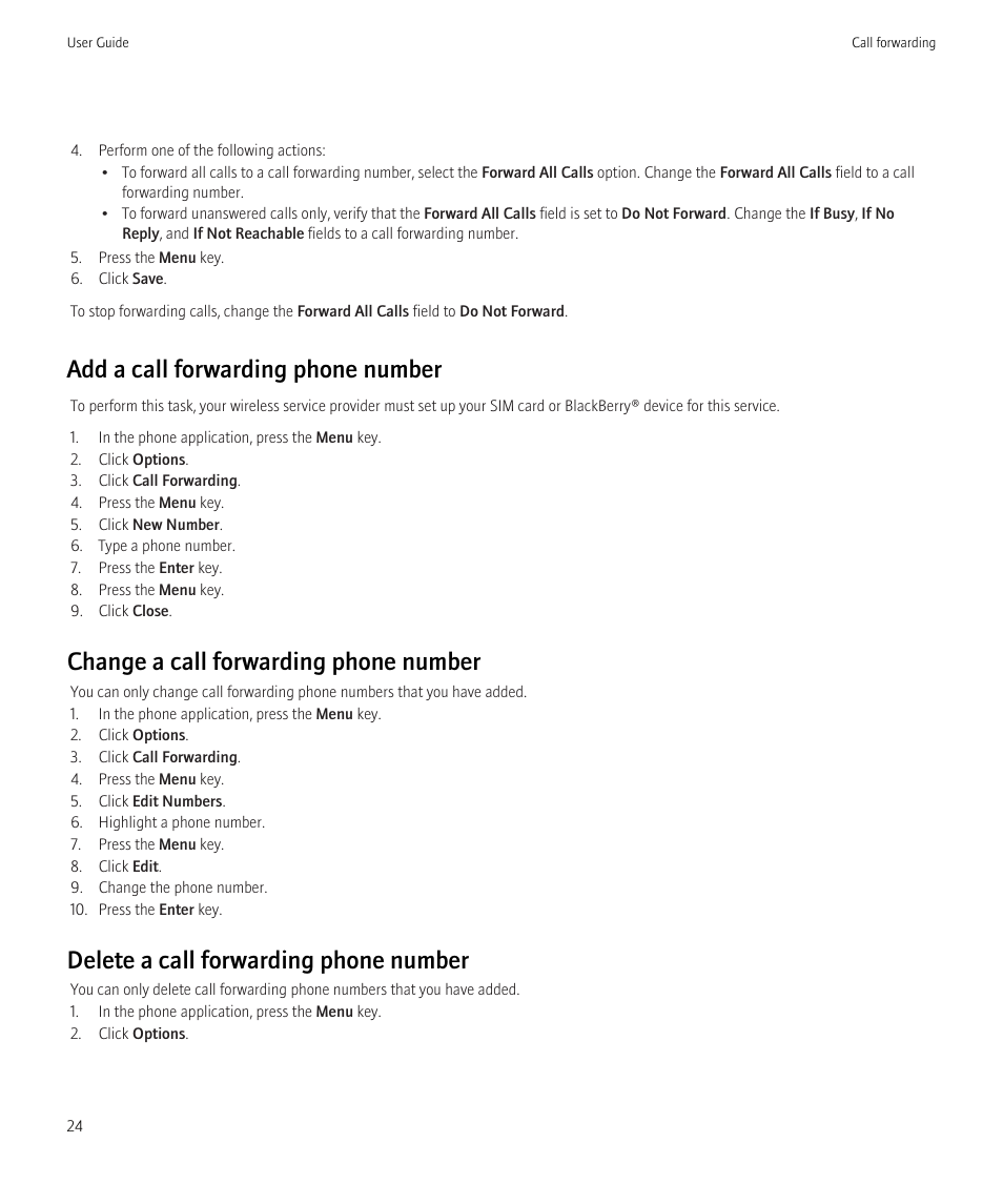 Add a call forwarding phone number, Change a call forwarding phone number, Delete a call forwarding phone number | Blackberry Curve 8520 User Manual | Page 26 / 278