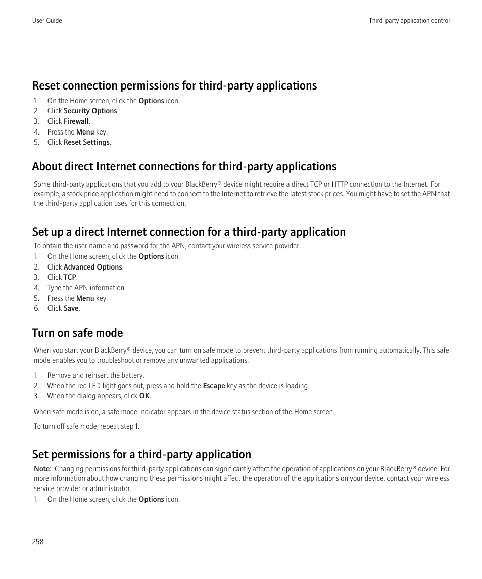 Turn on safe mode, Set permissions for a third-party application | Blackberry Curve 8520 User Manual | Page 260 / 278