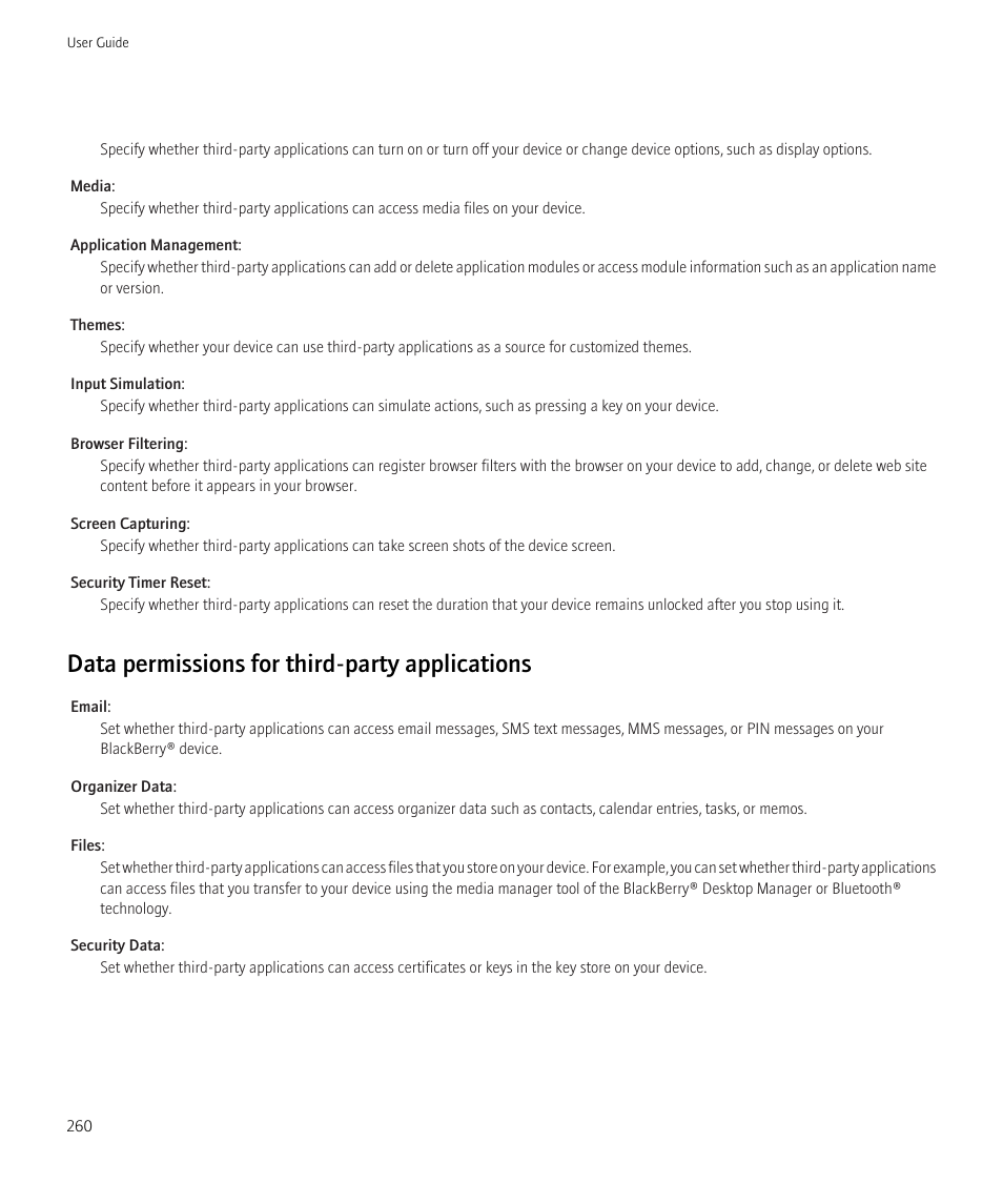 Data permissions for third-party applications | Blackberry Curve 8520 User Manual | Page 262 / 278