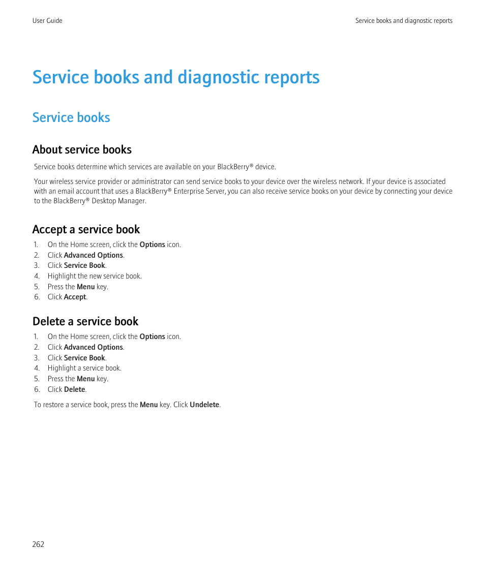 Service books and diagnostic reports, Service books, About service books | Accept a service book, Delete a service book | Blackberry Curve 8520 User Manual | Page 264 / 278