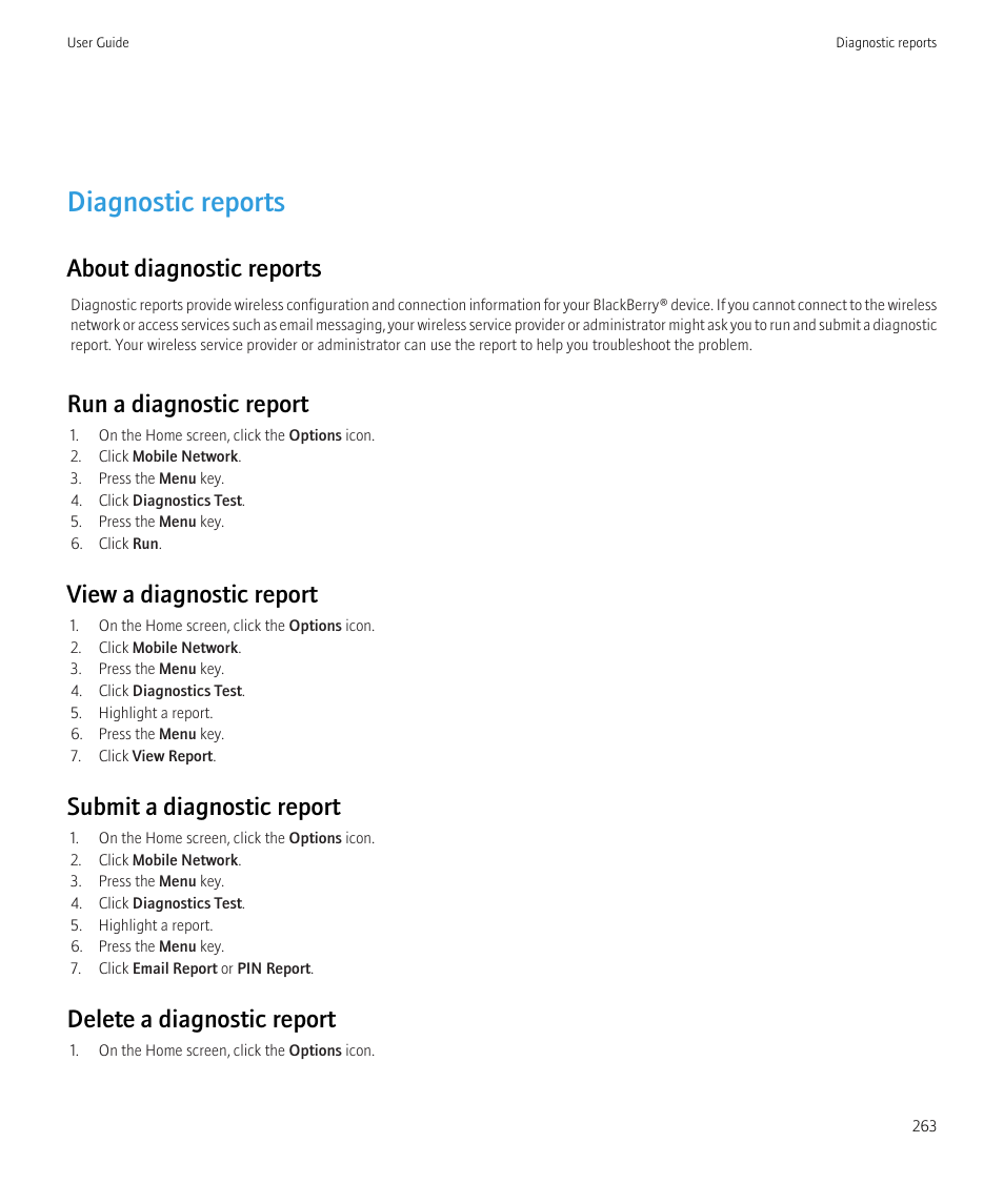 Diagnostic reports, About diagnostic reports, Run a diagnostic report | View a diagnostic report, Submit a diagnostic report, Delete a diagnostic report | Blackberry Curve 8520 User Manual | Page 265 / 278