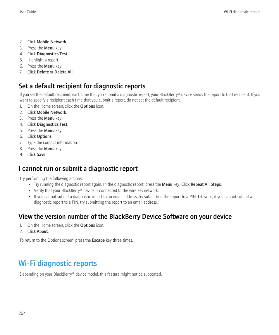 Wi-fi diagnostic reports, Set a default recipient for diagnostic reports, I cannot run or submit a diagnostic report | Blackberry Curve 8520 User Manual | Page 266 / 278