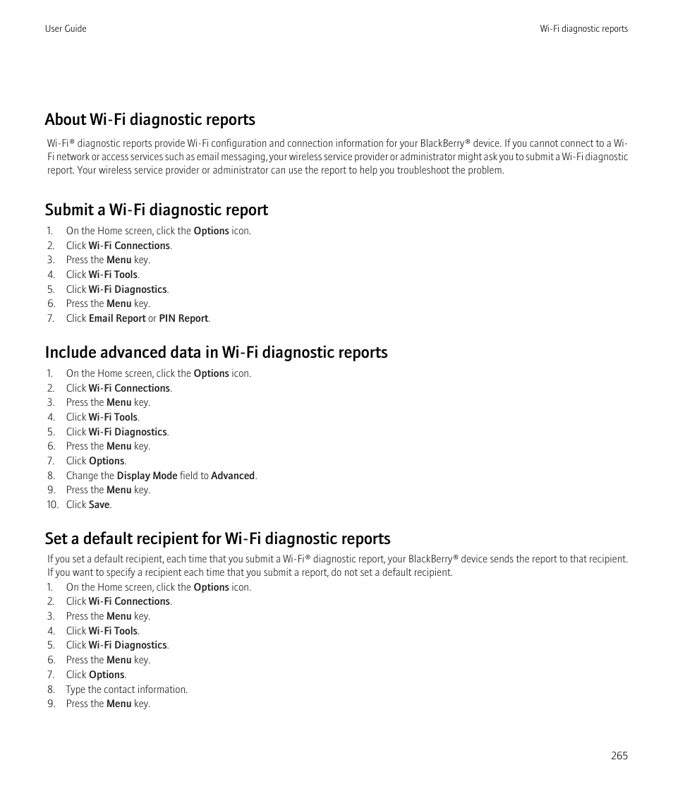 About wi-fi diagnostic reports, Submit a wi-fi diagnostic report, Include advanced data in wi-fi diagnostic reports | Blackberry Curve 8520 User Manual | Page 267 / 278