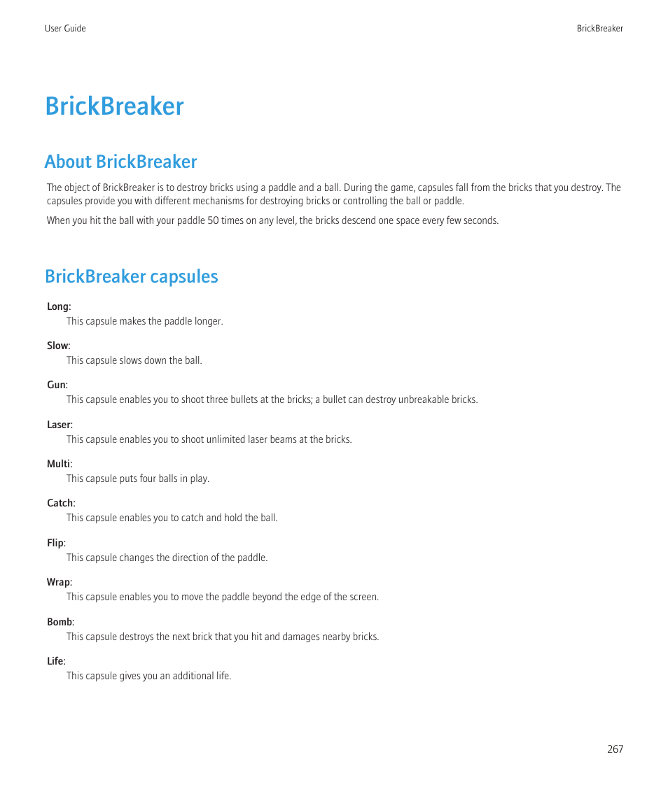 Brickbreaker, About brickbreaker, Brickbreaker capsules | Blackberry Curve 8520 User Manual | Page 269 / 278