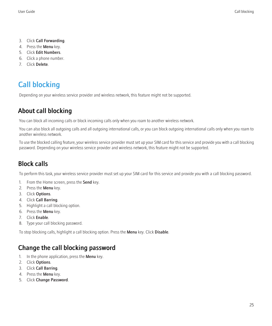 Call blocking, About call blocking, Block calls | Change the call blocking password | Blackberry Curve 8520 User Manual | Page 27 / 278