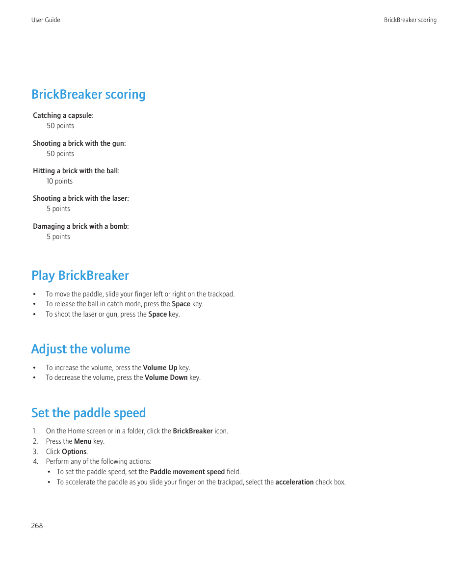 Brickbreaker scoring, Play brickbreaker, Adjust the volume | Set the paddle speed | Blackberry Curve 8520 User Manual | Page 270 / 278