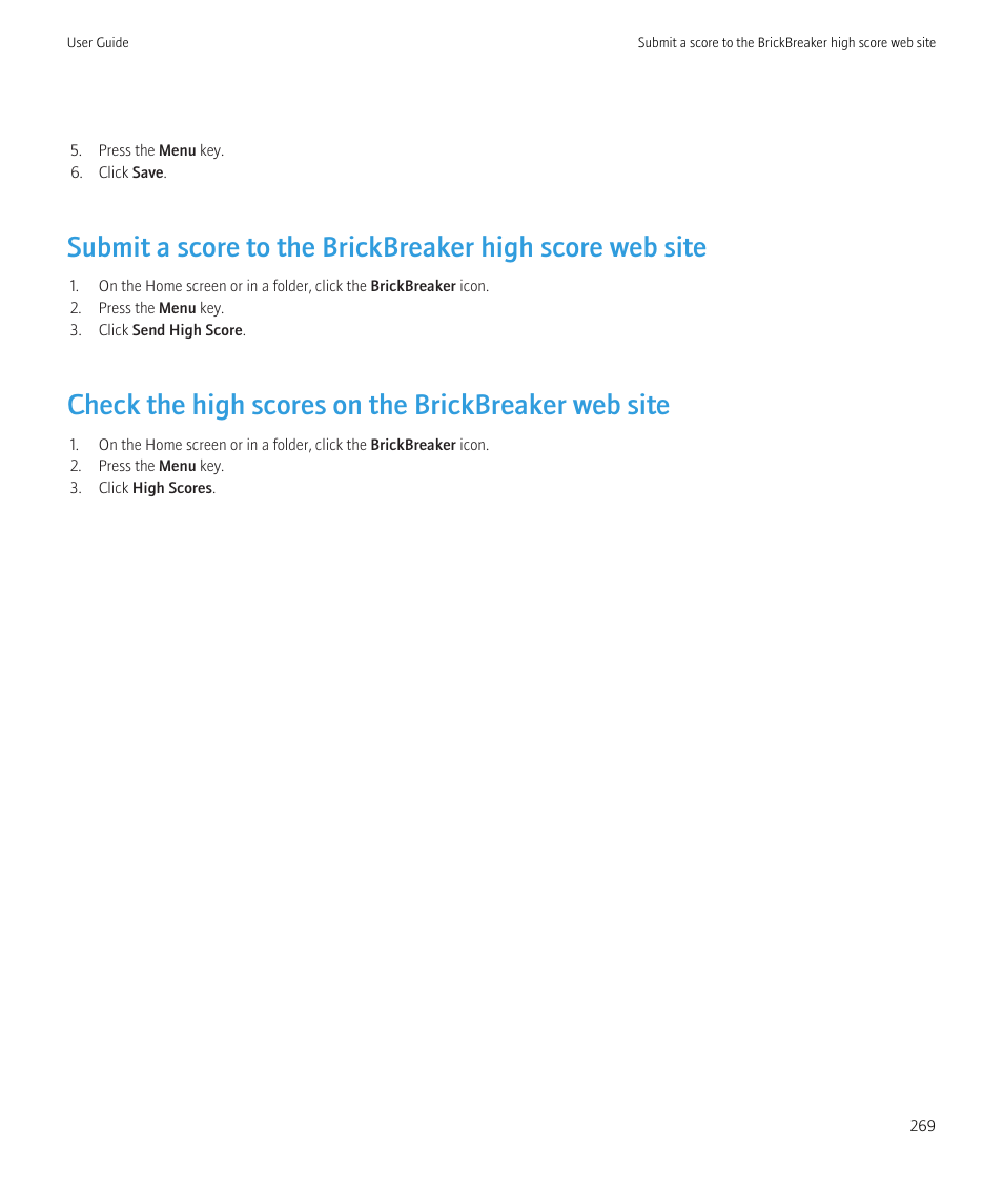 Check the high scores on the brickbreaker web site | Blackberry Curve 8520 User Manual | Page 271 / 278