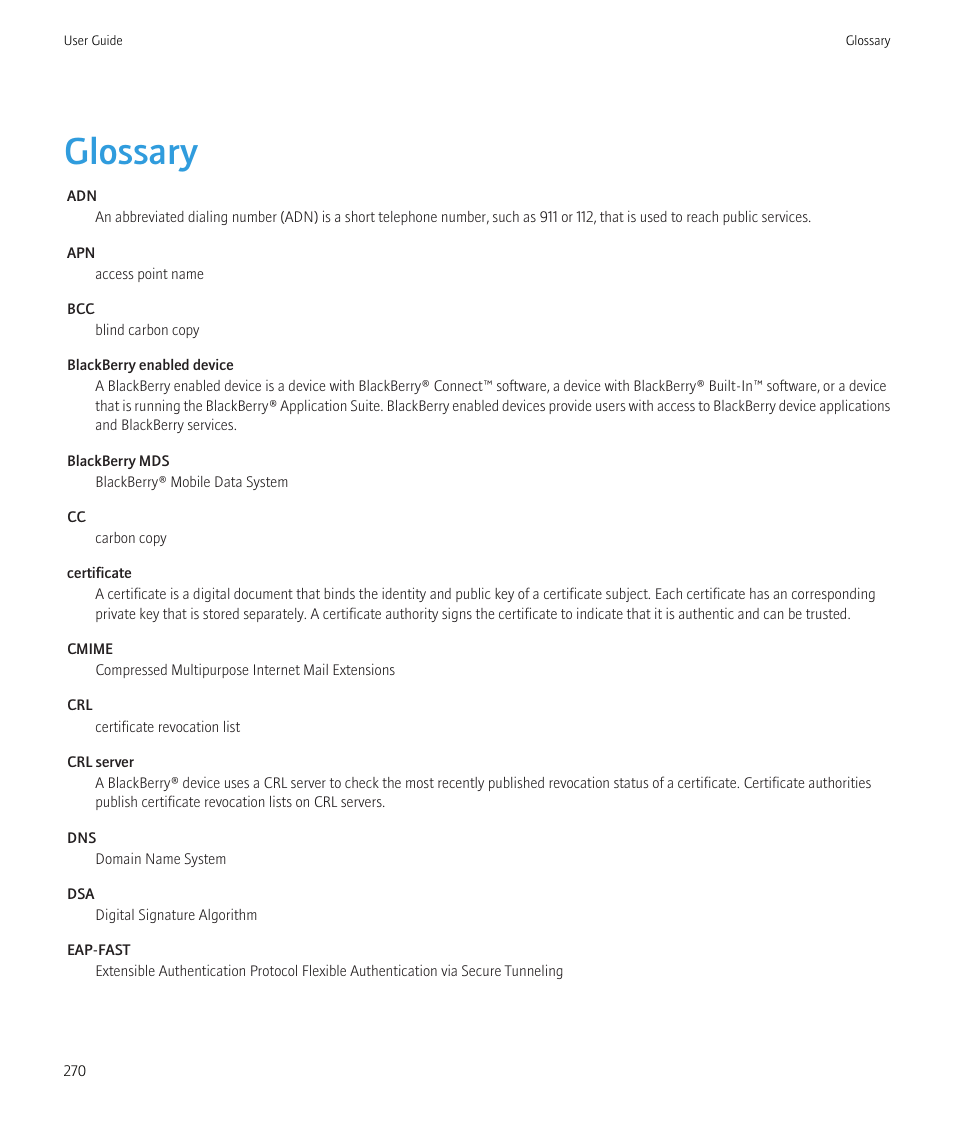 Glossary | Blackberry Curve 8520 User Manual | Page 272 / 278