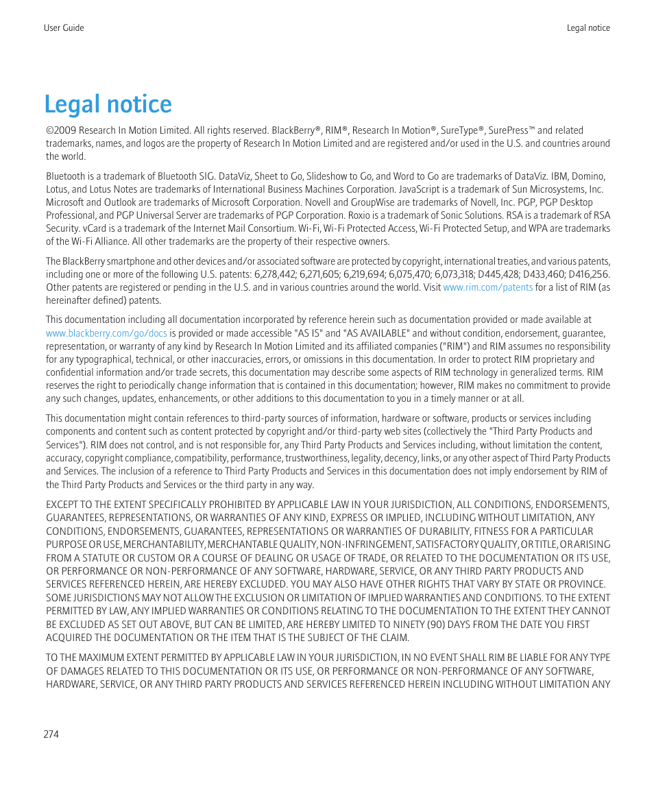 Legal notice | Blackberry Curve 8520 User Manual | Page 276 / 278